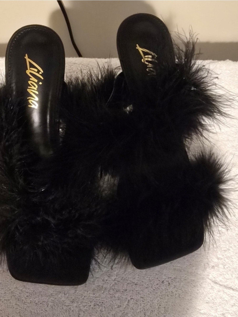 Liliana Black Feather Trim Slide Mules
